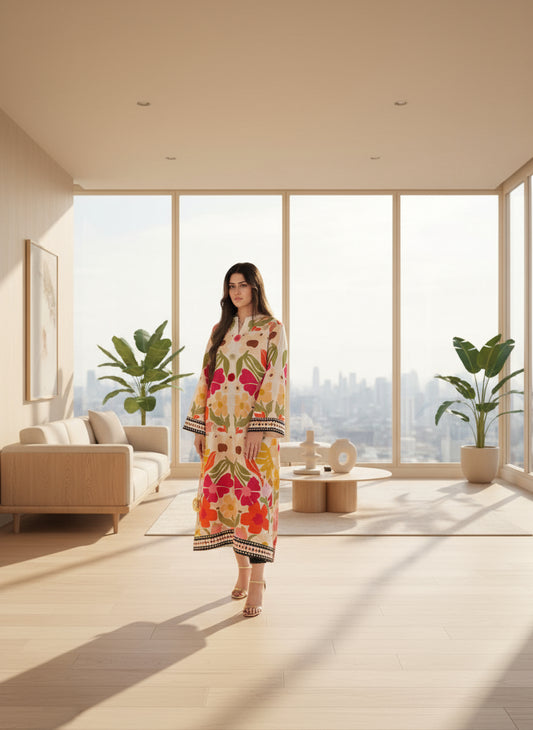 White Big Floral Long Shirt (UNSTITCHED)