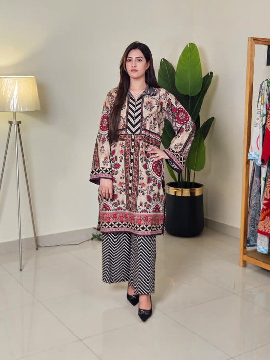 Brown Red Shirt with Black and White Trouser (UNSTITCHED)