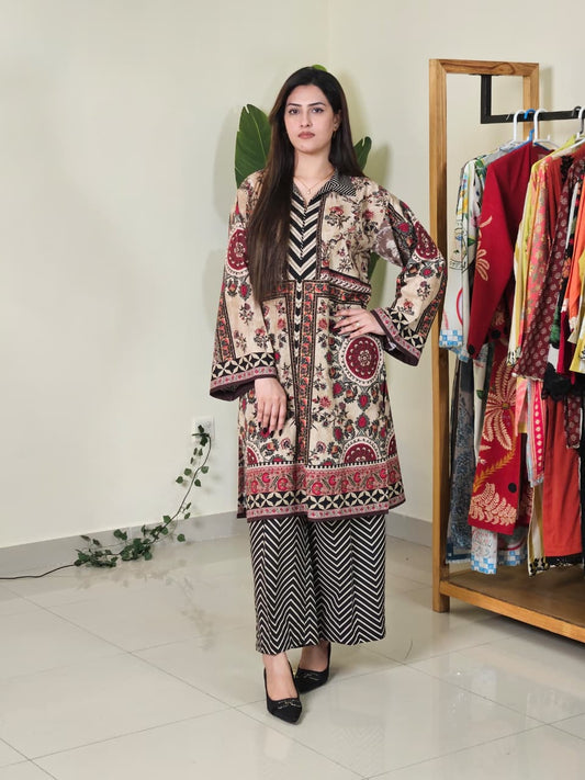 Brown Red Shirt with Black and White Trouser (UNSTITCHED)