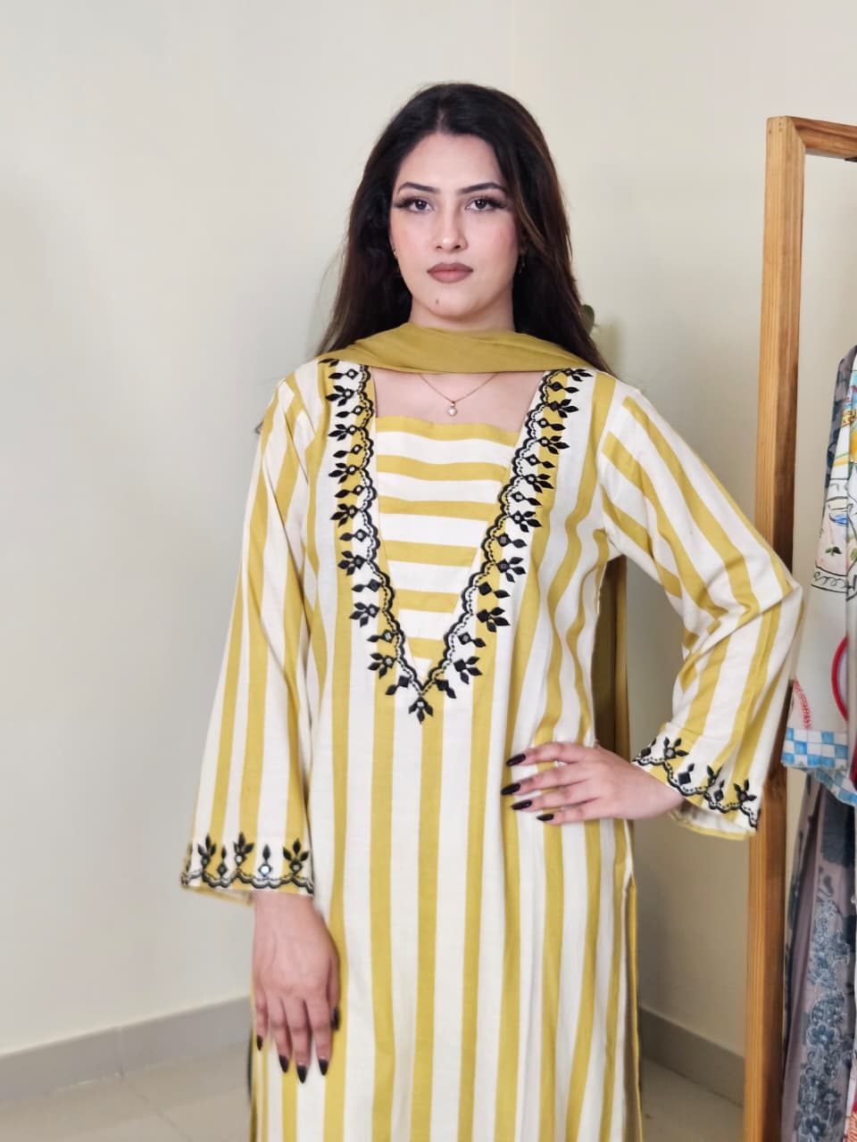 Yellow White Stripes Embroidered Long Shirt with Trouser (STITCHED)