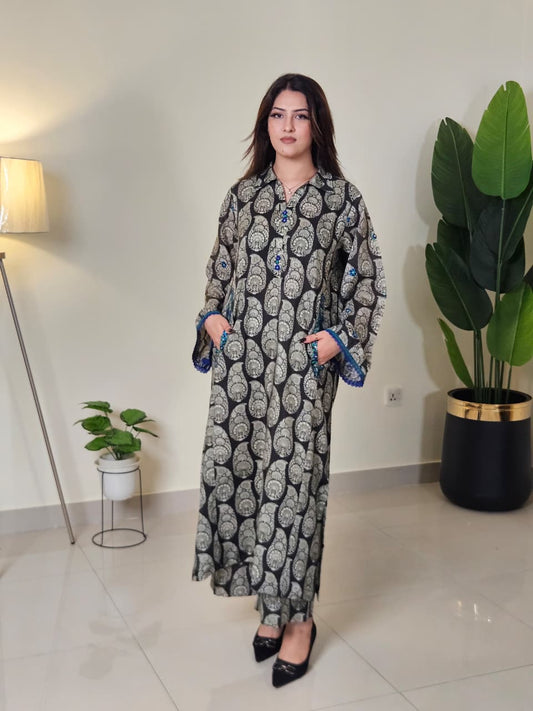 Black Green Blue Embroidered Shirt and Trouser (STITCHED)