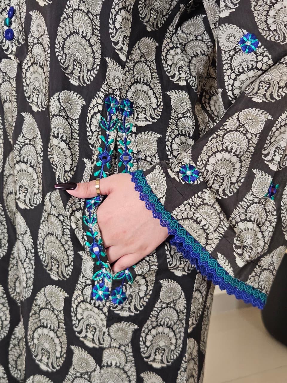 Black Green Blue Embroidered Shirt and Trouser (STITCHED)