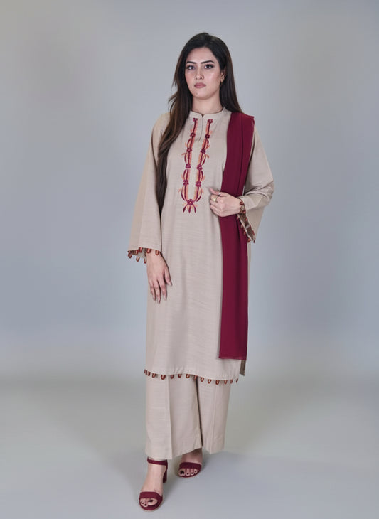 Skin Orange Maroon Embroidered Dress with Dupatta (STITCHED)