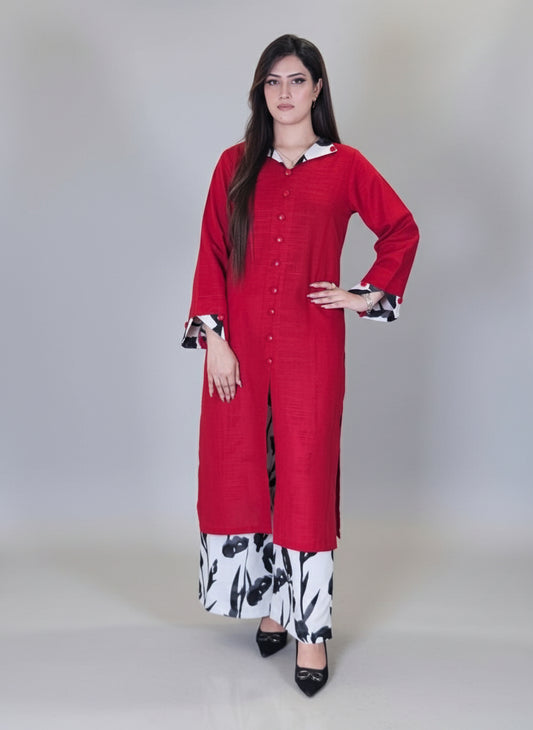 Red Black and White Collar Shirt with Trouser (STITCHED)