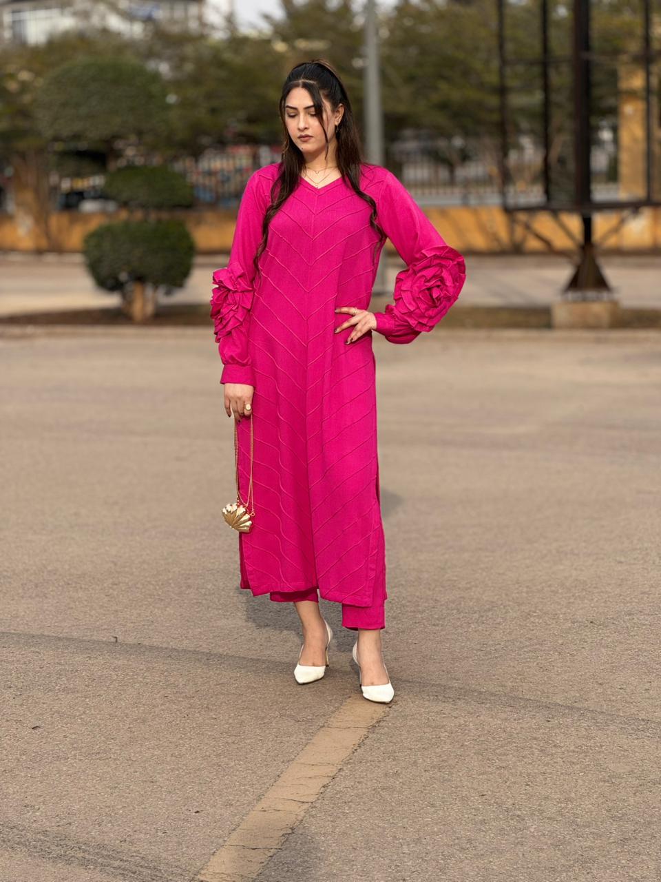 Pink 3D Flower Shirt and Trouser (STITCHED)