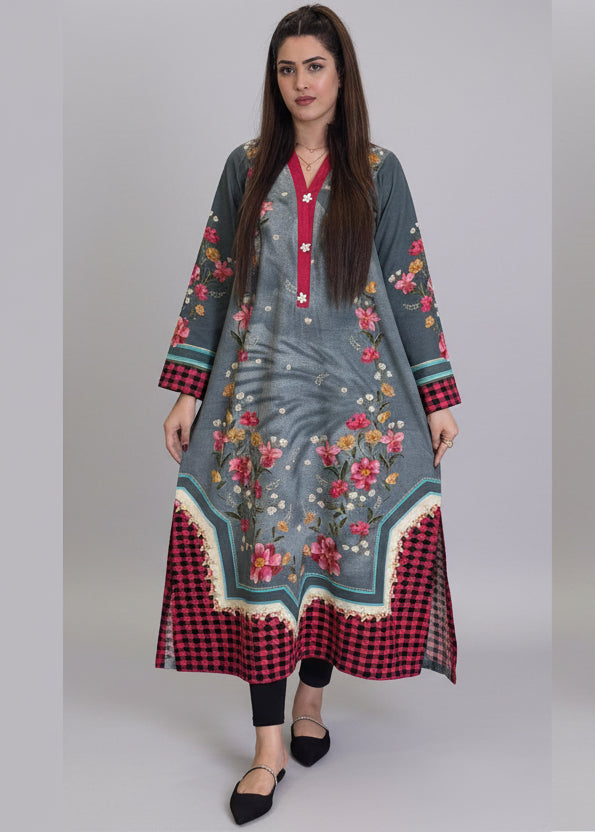 Grey Red Dots Floral Long Shirt (UNSTITCHED)