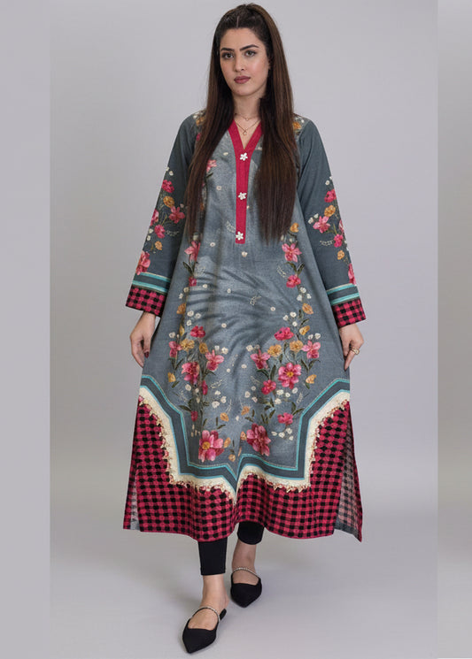 Grey Red Dots Floral Long Shirt (UNSTITCHED)