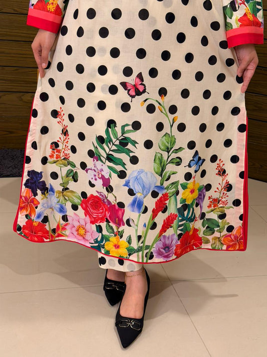 Black Polka Dots Colorful Floral Long Shirt (UNSTITCHED)