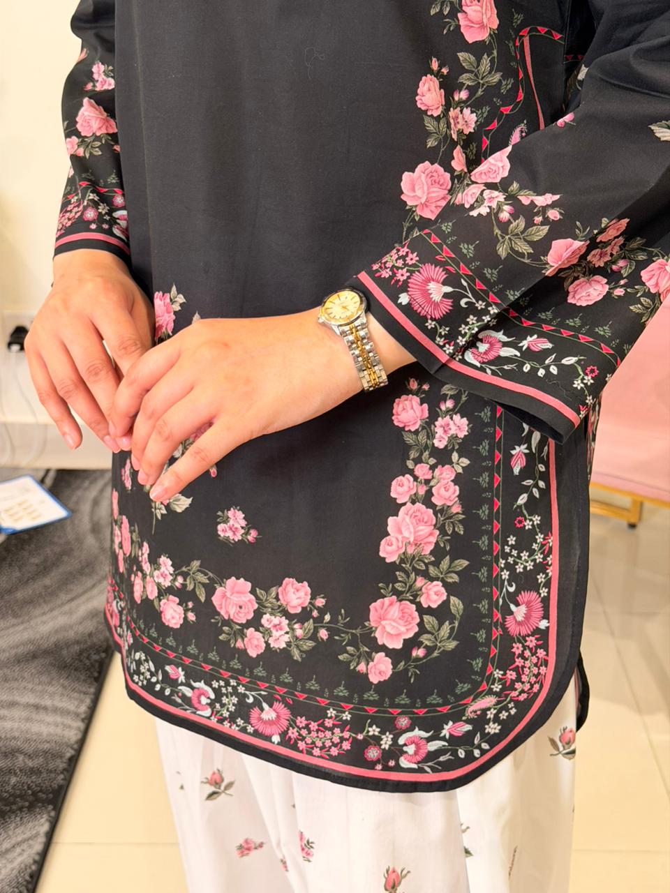 Black Pink Rose Shirt and Trouser (UNSTITCHED)