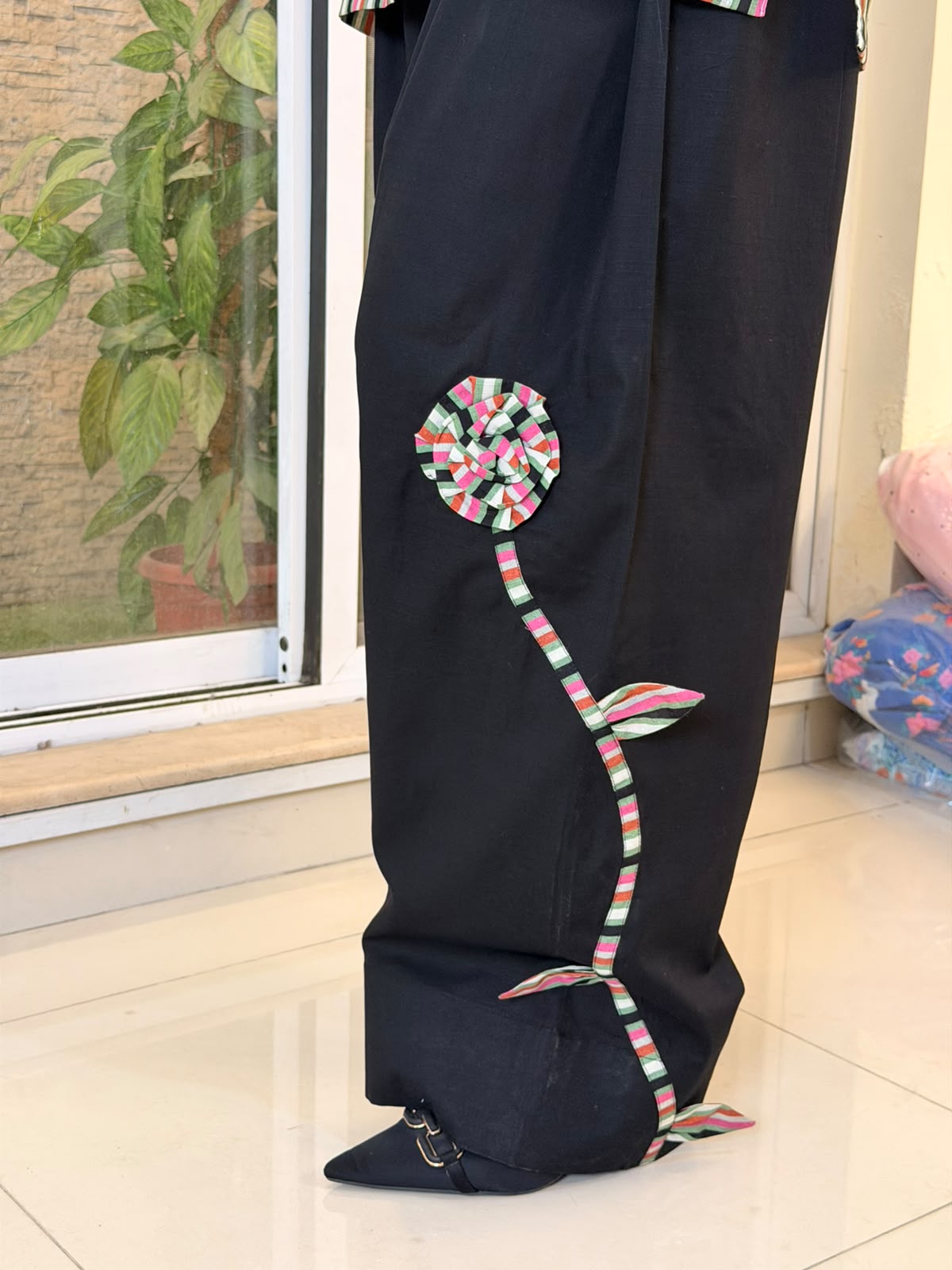 Green Pink Black Lines Shirt with Farshi Trouser (STITCHED)