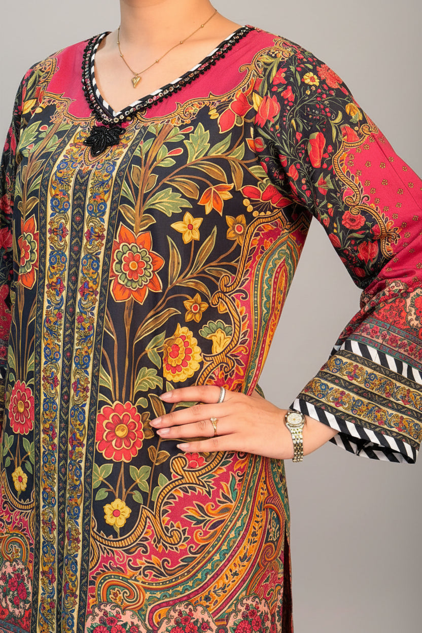 Maroon Blackish Floral Farshi Shalwaar and Shirt (STITCHED)
