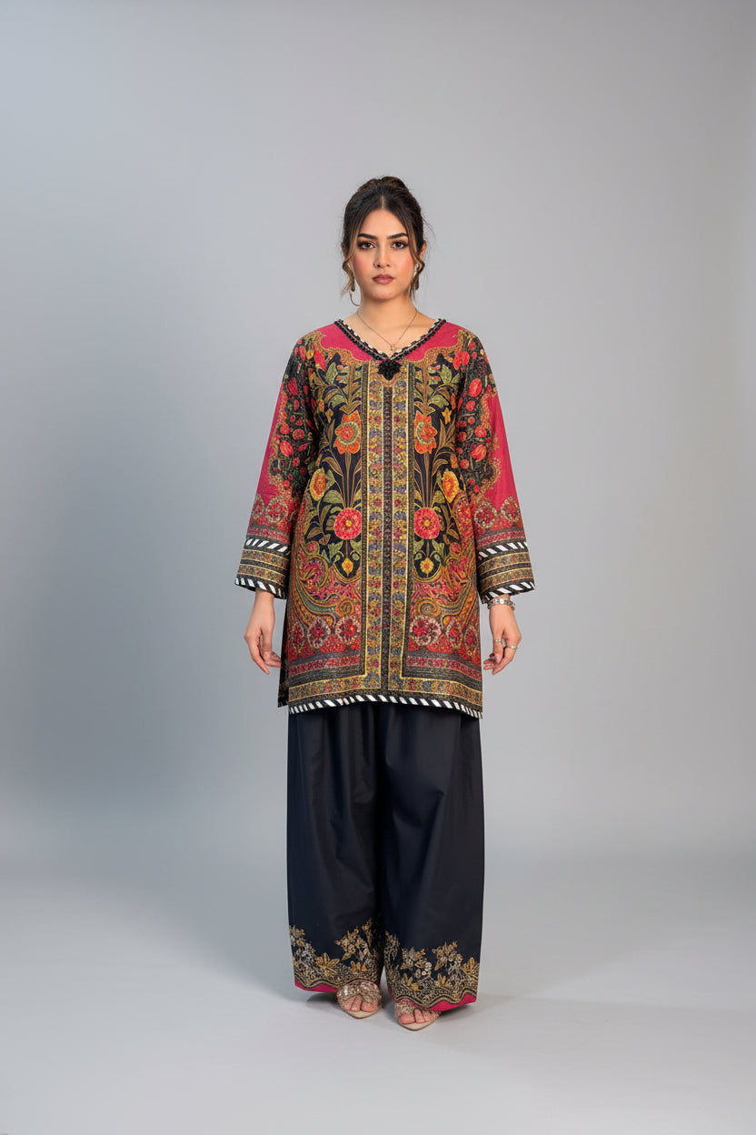 Maroon Green Yellow Floral Farshi Shalwaar with Shirt (UNSTITCHED)