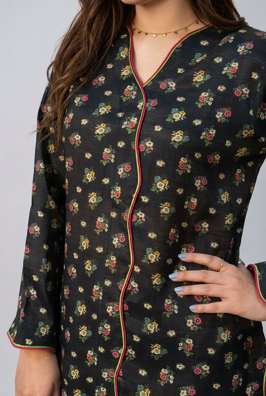 Black Silky Small Floral Shirt  and Trouser (UNSTITCHED)
