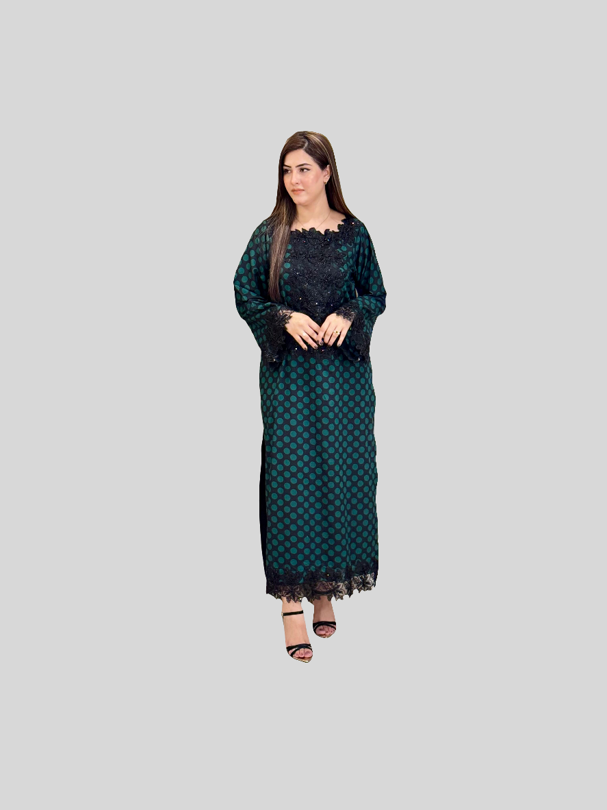 Green Polka Dots Fancy Stitched Long Shirt (Pre-Booking)