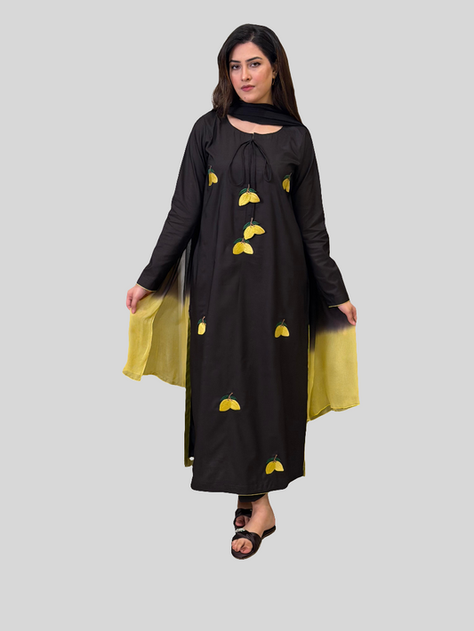 Dark Brown Lemon Embroidered Long Dress with Dupatta (STITCHED)