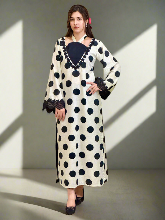 Black Polka Dots 2 Piece All-over Fabric (Unstitched)