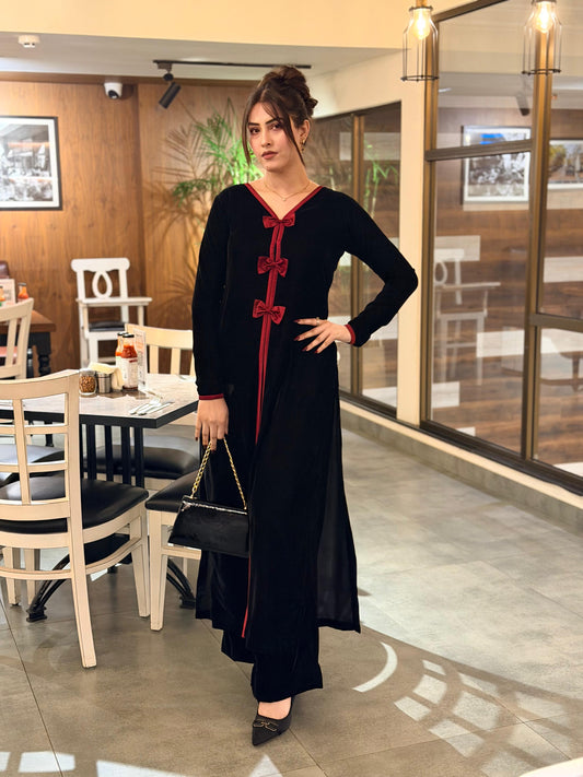 Black Red Velvet Shirt and Trouser (STITCHED)