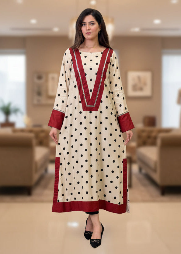 White Black Polka Dots Red A-Neckline Long Shirt ( STITCHED)