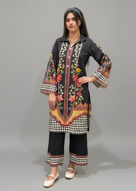 Black Yellow Red White Floral Shirt and Trouser (UNSTITCHED)