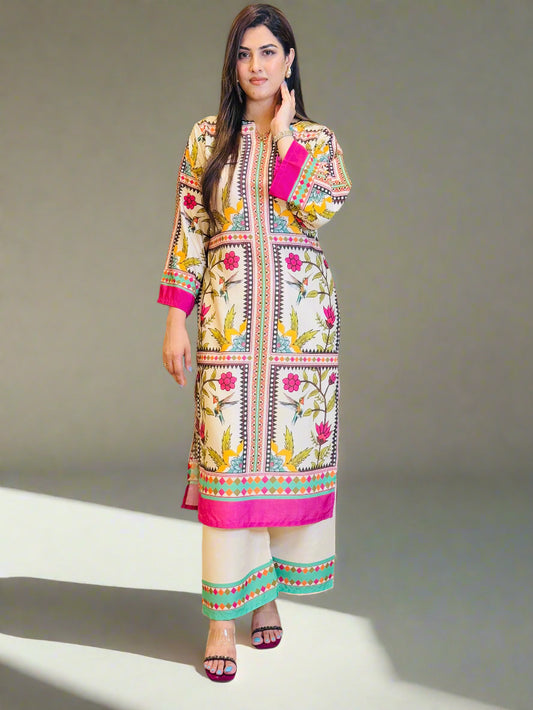 Off white Floral Blocks Long Shirt 2 piece (STITCHED)