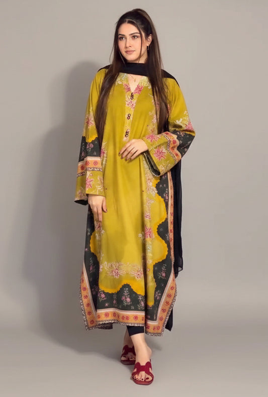 Golden Black Long Shirt (UNSTITCHED)