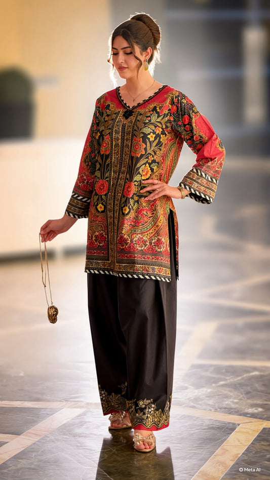 Maroon Blackish Floral Farshi Shalwaar and Shirt (STITCHED)