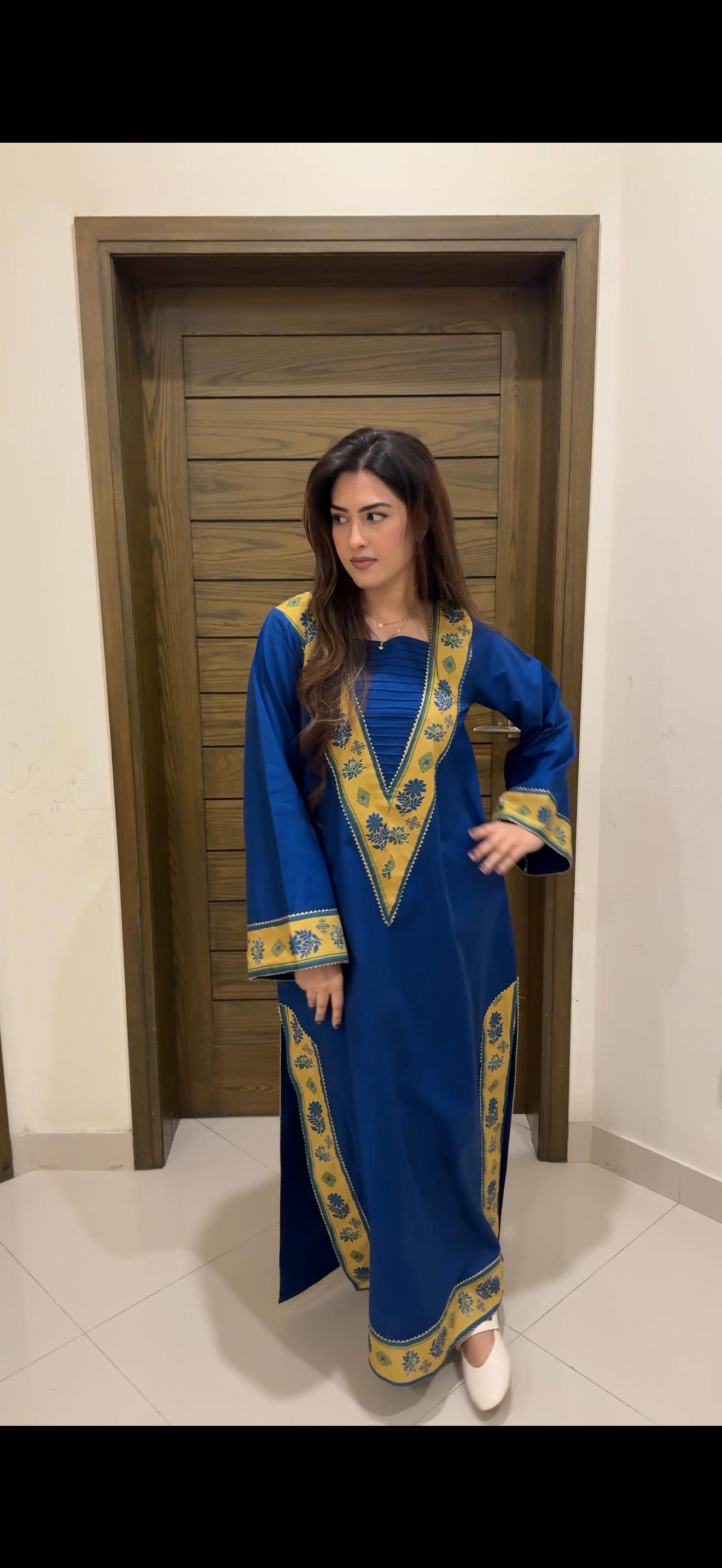 Blue Yellow V Neckline Long Shirt (STITCHED)