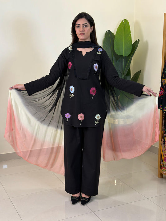 Black Patched Flowers Shirt and Trouser (STITCHED)