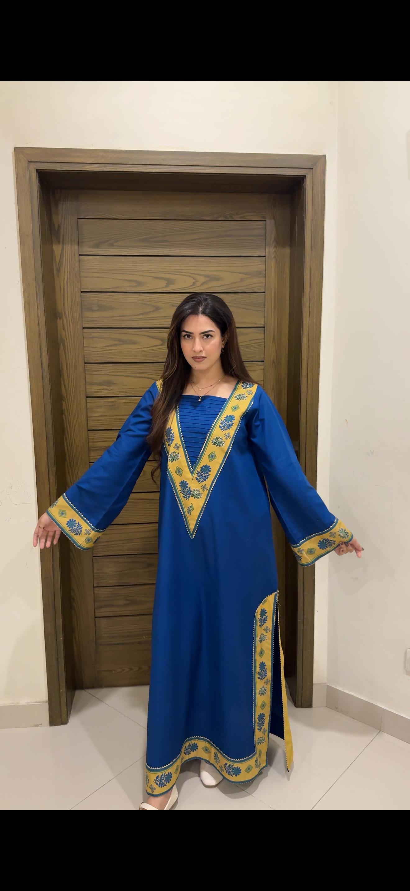 Blue Yellow V Neckline Long Shirt (STITCHED)