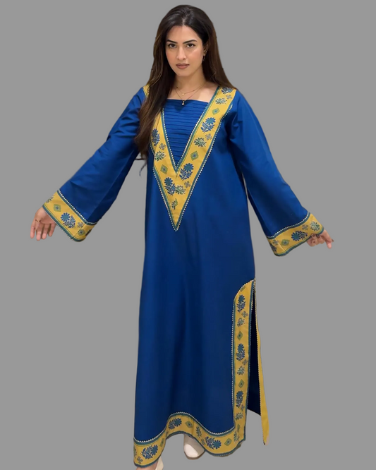Blue Yellow V Neckline Long Shirt (STITCHED)