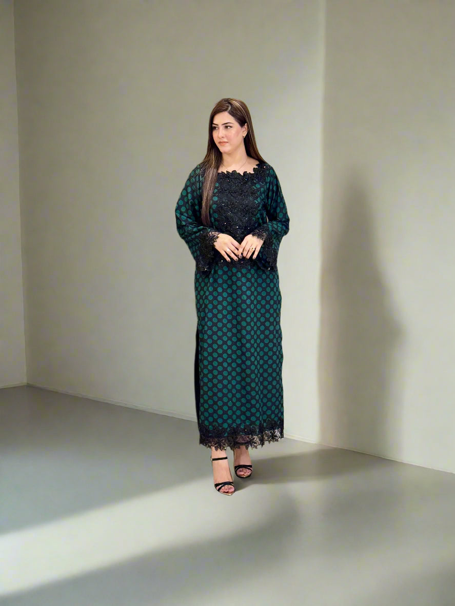 Green Polka Dots Fancy Stitched Long Shirt (Pre-Booking)