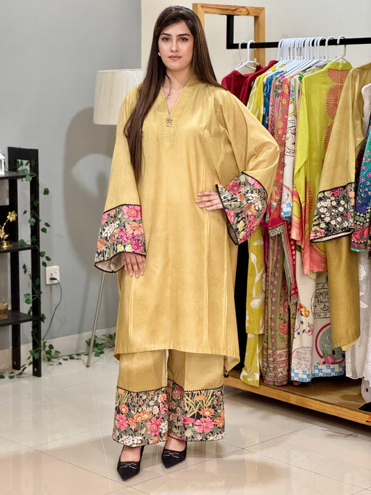 Golden Dress with floral borders (STITCHED)